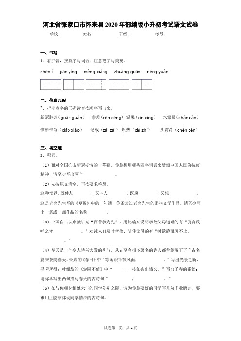 河北省张家口市怀来县2020年部编版小升初考试语文试卷(含答案解析)