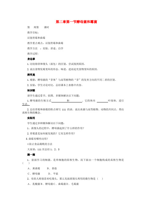 八年级生物上册 第五单元 第二章 第一节 酵母菌和霉菌教案 冀教版