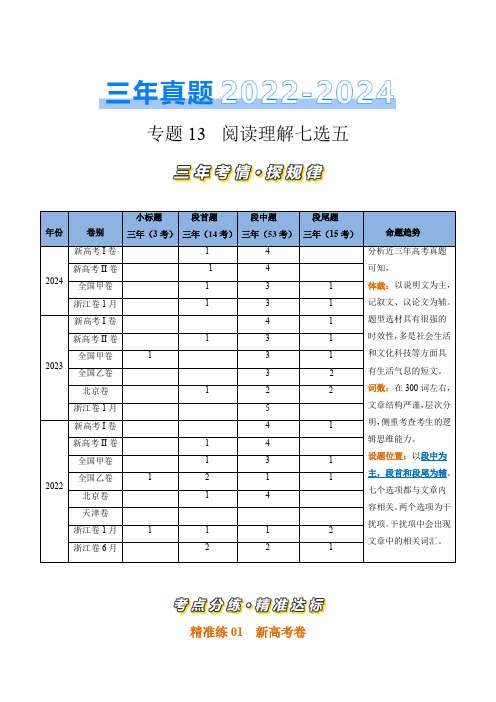 三年(2022-2024)高考英语真题分类汇编：专题13 阅读理解七选五-(原卷版)