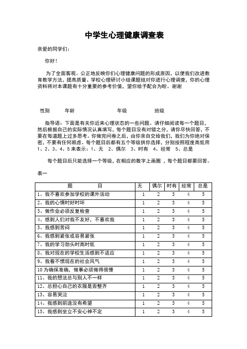 中学生心理健康调查表(模板)