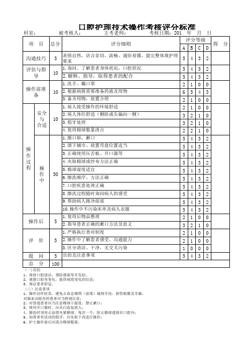 口腔护理技术操作考核评分标准