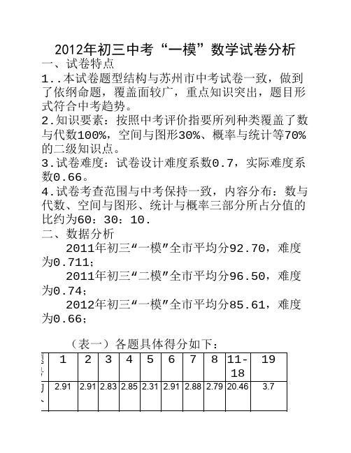 2012年初三中考一模数学试卷分析