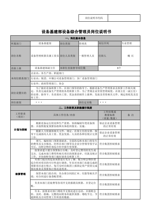 设备基建部-业务-岗位说明书-设备综合管理员-魏红