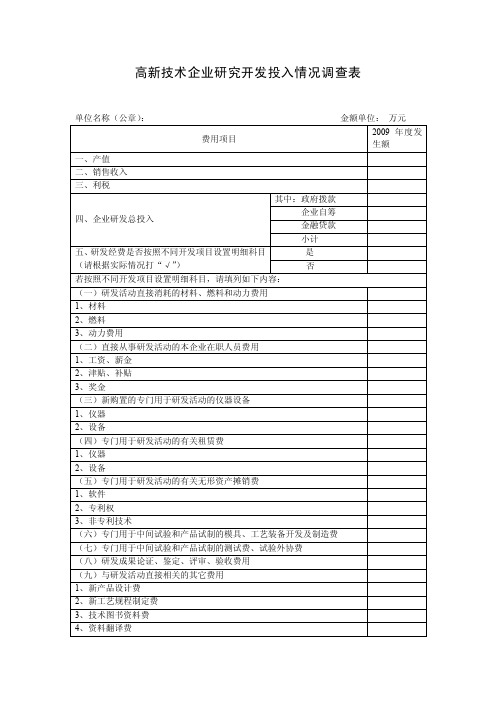 高新技术企业研究开发投入情况调查表