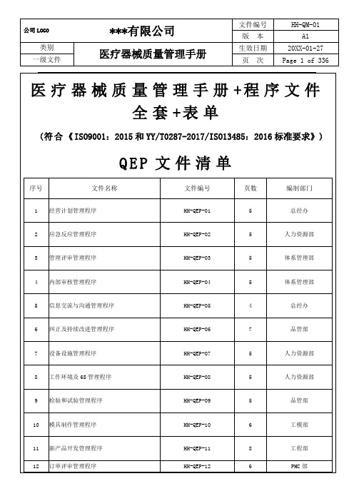 ISO13485：2016医疗器械质量管理手册+全套程序文件+表单全套 OK