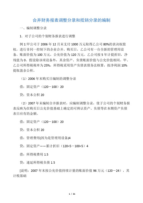 合并财务报表调整分录和抵销分录例题20111201