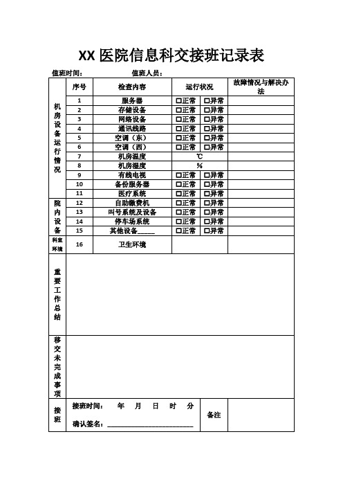 XX医院信息科交接班记录表