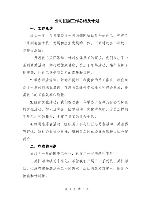 公司团委工作总结及计划