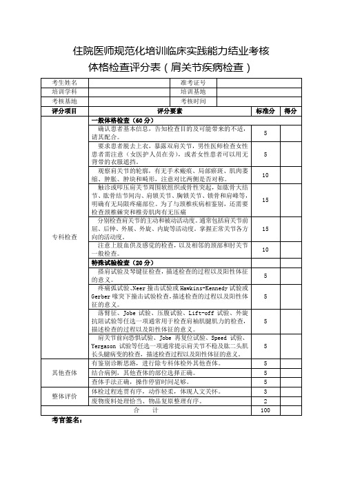 住院医师规范化培训临床实践能力结业考核体格检查评分表(肩关节疾病检查)