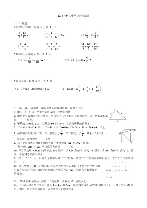 徐州市树人中学小升初择校考试试卷2016.4(附答案)