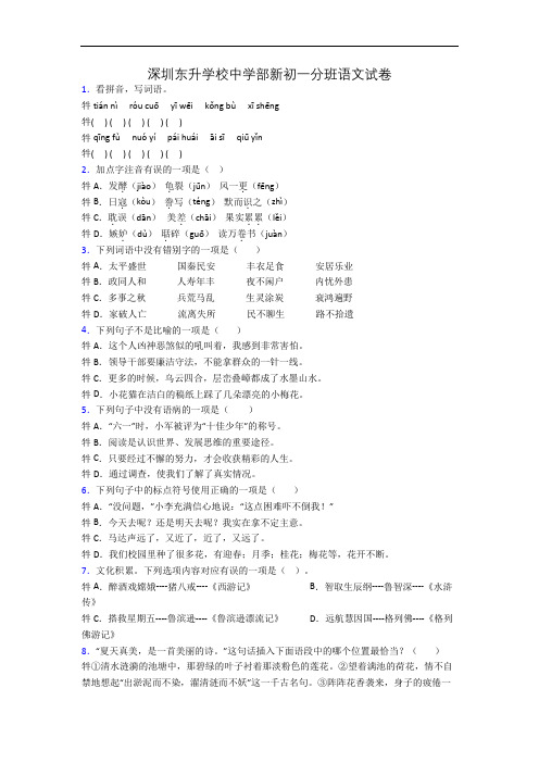 深圳东升学校中学部新初一分班语文试卷