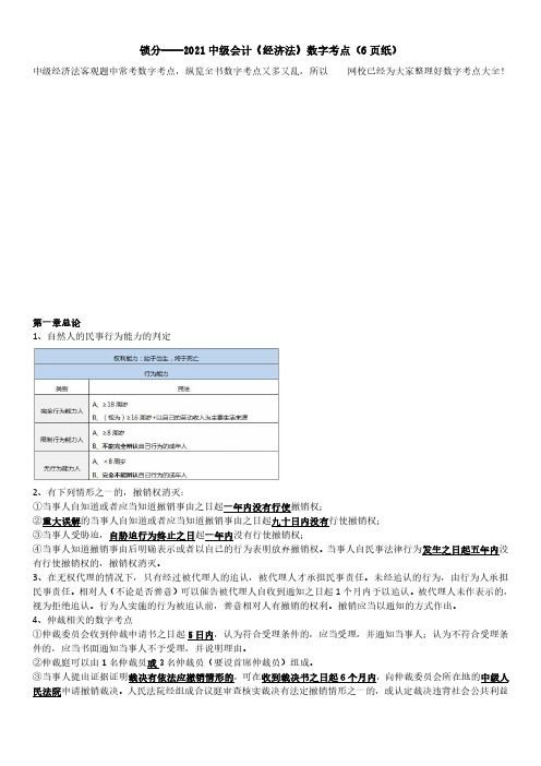 锁分——2021中级会计《经济法》数字考点大全(6页纸)