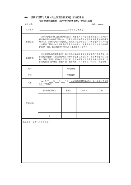 项目管理策划文件(安全管理总体策划)管控记录表