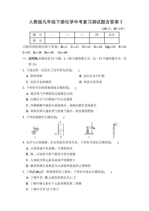 人教版九年级下册化学中考复习测试题含答案3