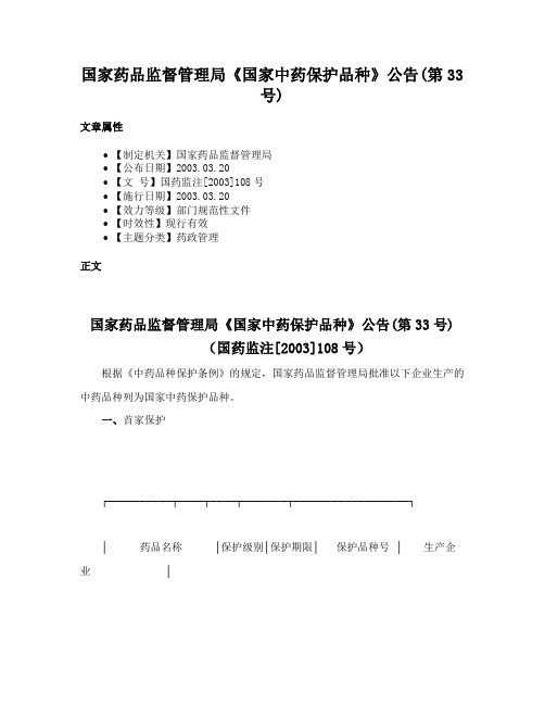 国家药品监督管理局《国家中药保护品种》公告(第33号)