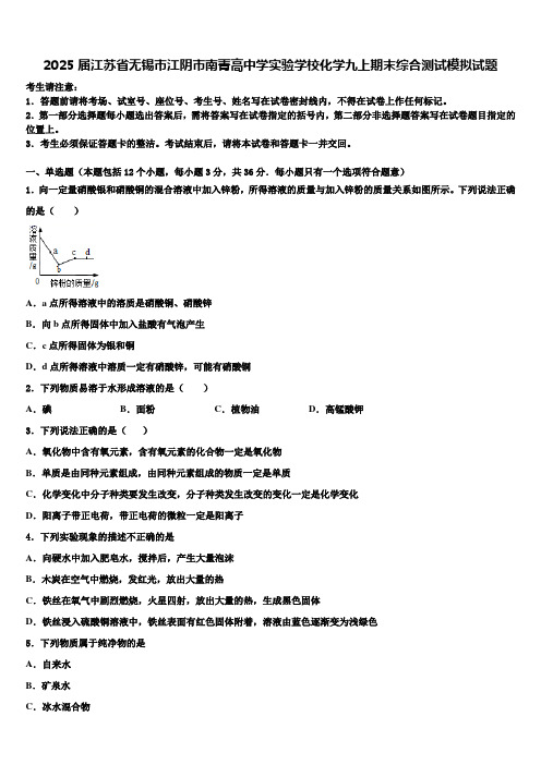 2025届江苏省无锡市江阴市南菁高中学实验学校化学九上期末综合测试模拟试题含解析