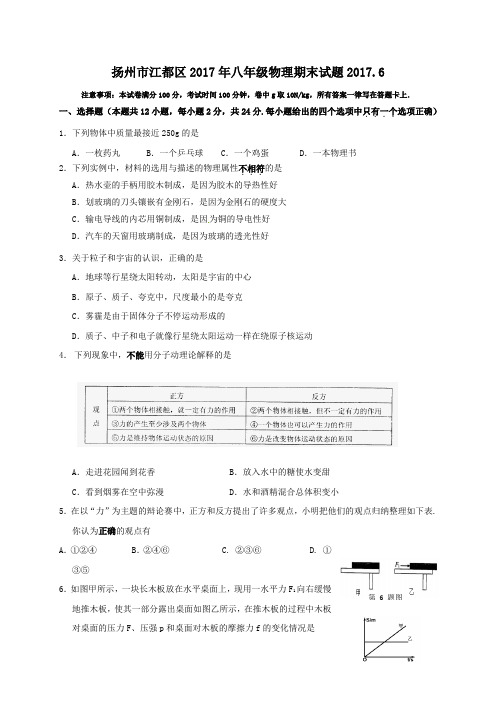 江苏省扬州市江都区2016-2017学年八年级下学期期末考试物理试卷试题及答案