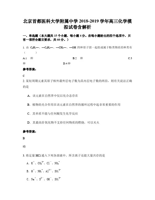 北京首都医科大学附属中学2018-2019学年高三化学模拟试卷含解析