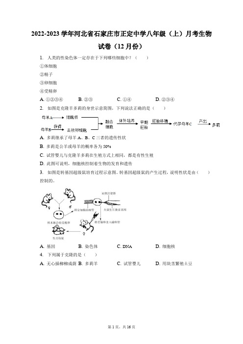 2022-2023学年河北省石家庄市正定中学八年级(上)月考生物试卷(12月份)(附答案详解)