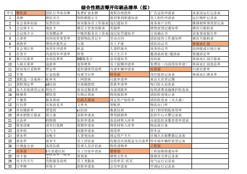 酒店筹开印刷品清单