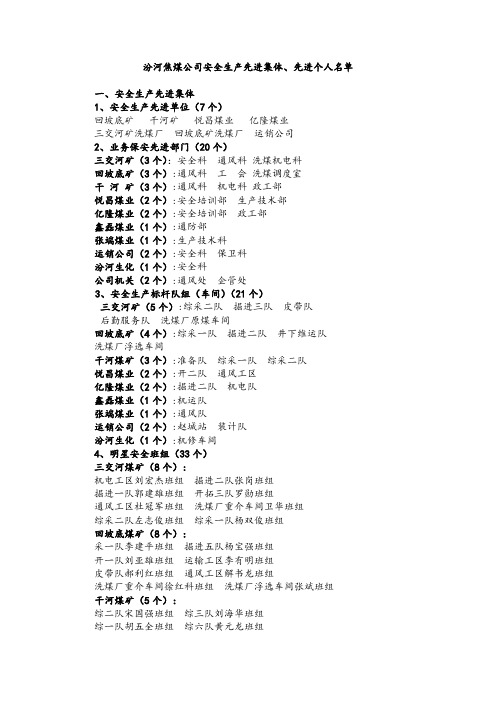 汾河焦煤公司安全生产先进集体、先进个人名单