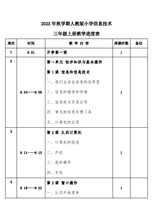 2023年秋学期人教版小学信息技术三年级上册教学进度表 