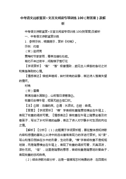 中考语文诗歌鉴赏+文言文阅读专项训练100（附答案）及解析