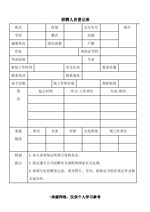 招聘人员登记表