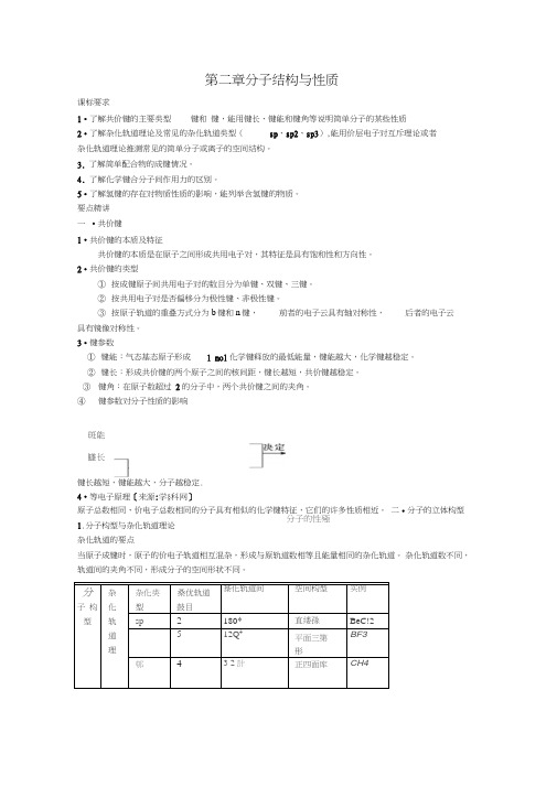 【人教版】高中化学选修3知识点总结：第二章分子结构与性质