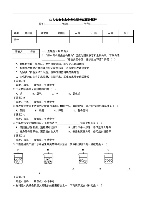 山东省泰安市中考化学考试题带解析.doc