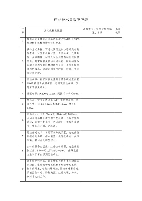 产品技术参数响应表