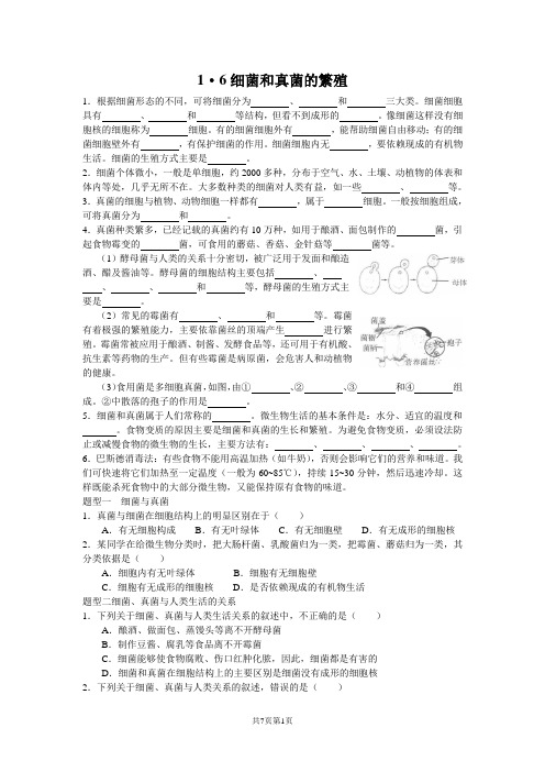 浙教版科学七年级下册第一章第6节-细菌和真菌的繁殖 练习(有答案)