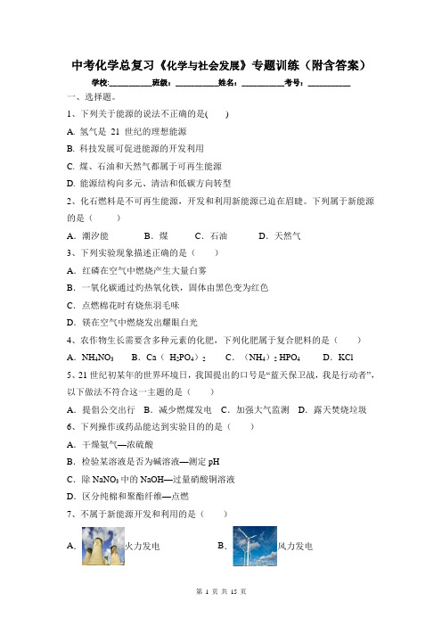 中考化学总复习《化学与社会发展》专题训练(附含答案)