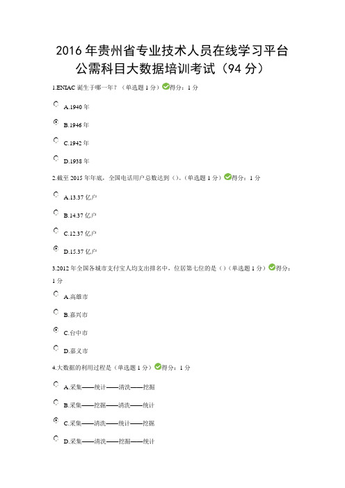 2016年贵州省专业技术人员在线学习平台公需科目大数据