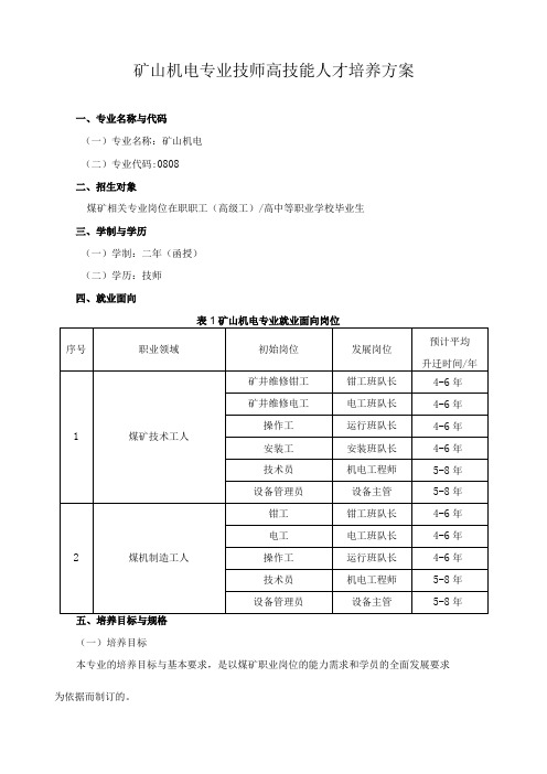 矿山机电专业技师高技能人才培养方案