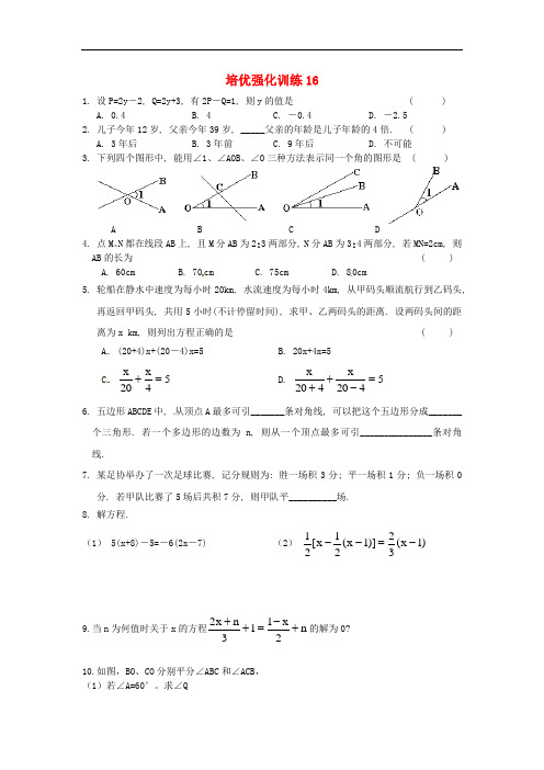 七年级数学上册 培优强化训练16 新人教版