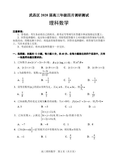 武昌区2020届高三年级四月调研测试理科数学试卷(包含答案)