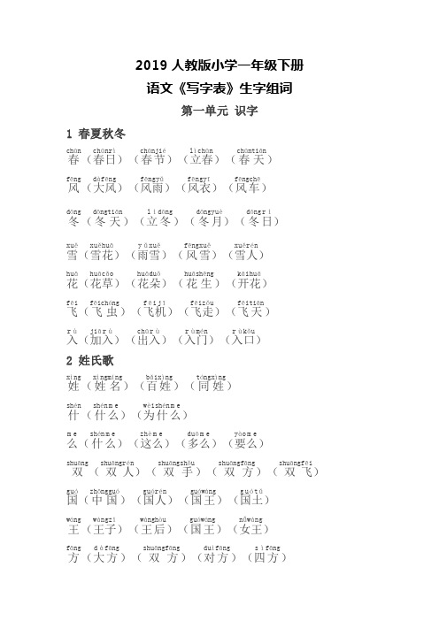 人教版一年级下册语文《写字表》生字组词带拼音