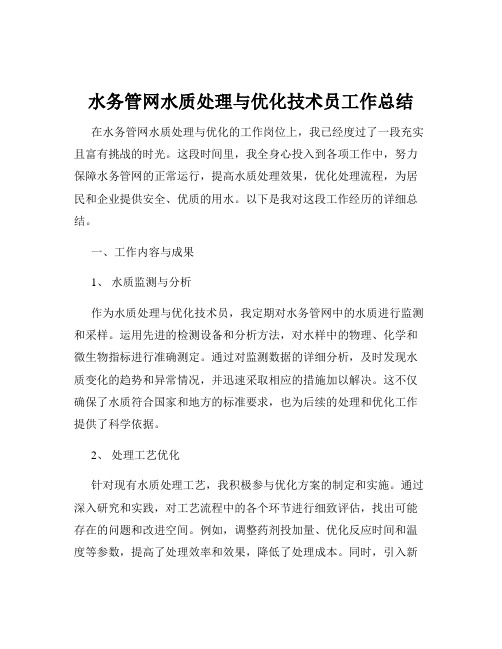 水务管网水质处理与优化技术员工作总结