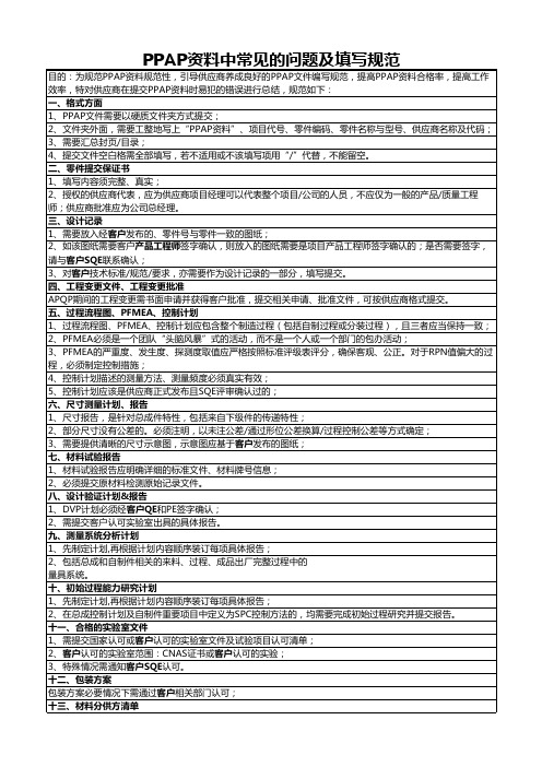 PPAP常见问题填写规范