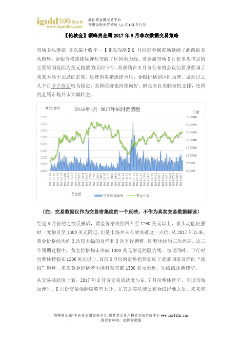 【伦敦金】领峰贵金属2017年9月非农数据交易策略