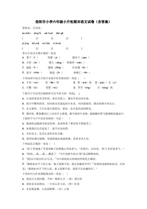 信阳市小学六年级小升初期末语文试卷(含答案)