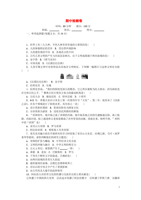 九年级历史上学期期中检测卷 岳麓版