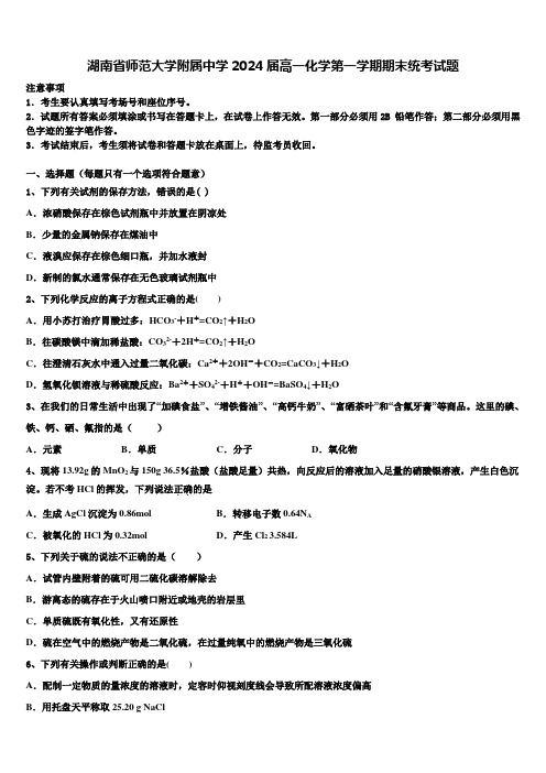 湖南省师范大学附属中学2024届高一化学第一学期期末统考试题含解析