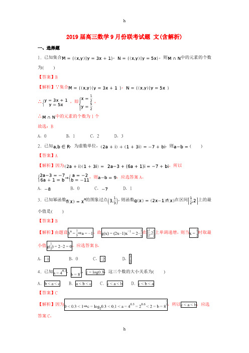 2019届高三数学9月份联考试题 文(含解析)