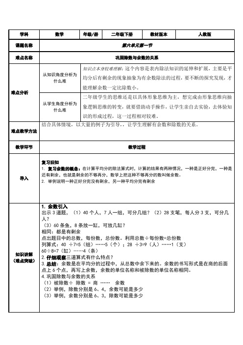 人教版数学二年级下册教案-6 除数与余数的关系57