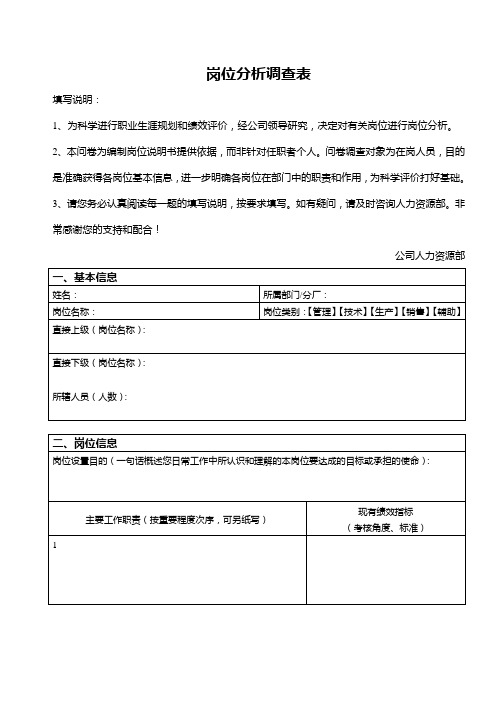 2020年企业员工岗位分析调查表