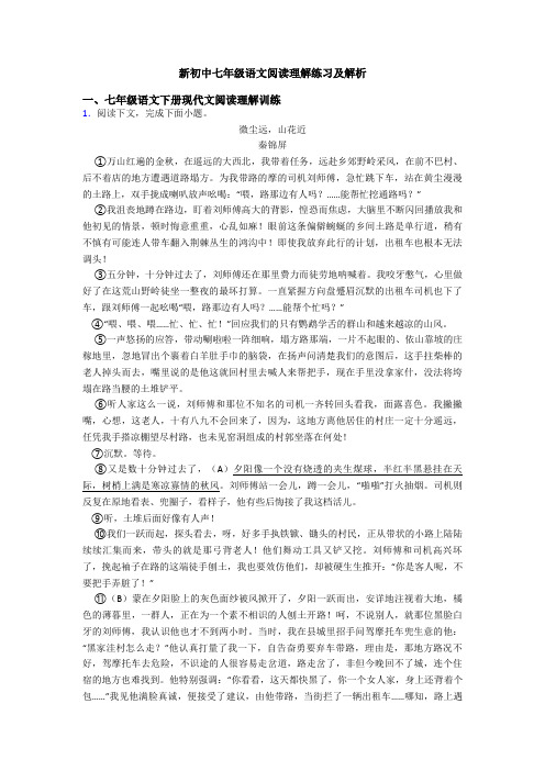 新初中七年级语文阅读理解练习及解析