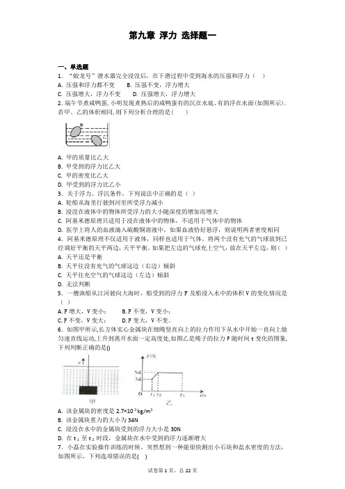 第十章 浮力150道 选择题一(有详解)