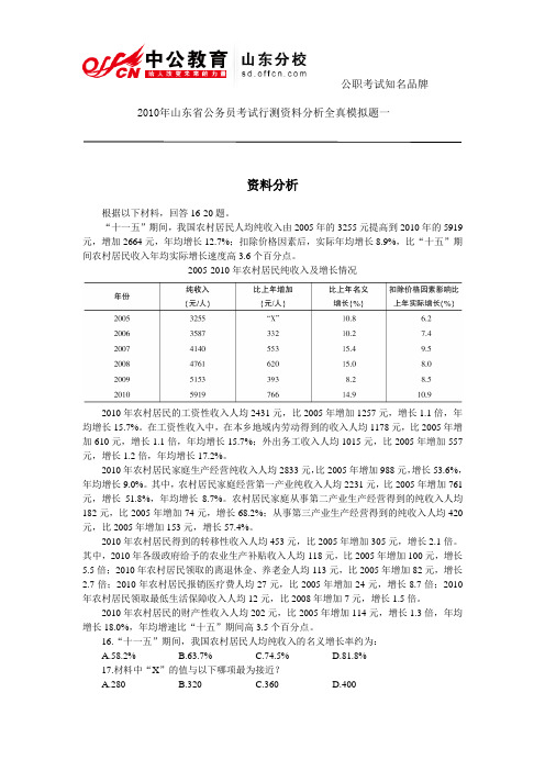 2010年山东省公务员考试行测资料分析全真模拟题一